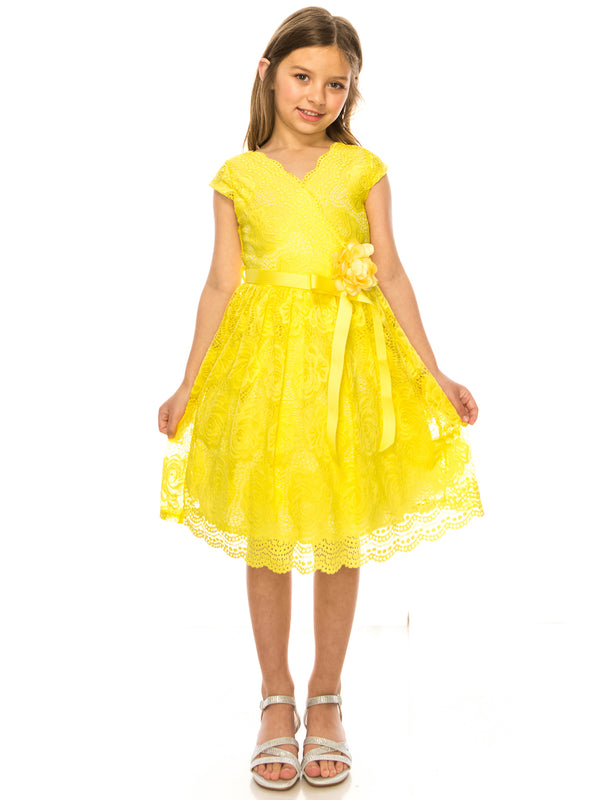 Girls Yellow Flower Border Stretch Lace Special Occasion Dress 2-14 - SophiasStyle.com